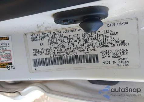 2004 Toyota 4Runner Sr5 V6 из США, поврежденный, VIN JTEBU14R240051707